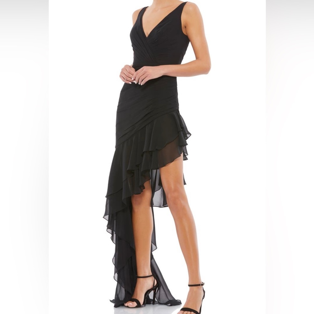 Mac Duggal black 
Ruffle Asymmetric Sheath Dress